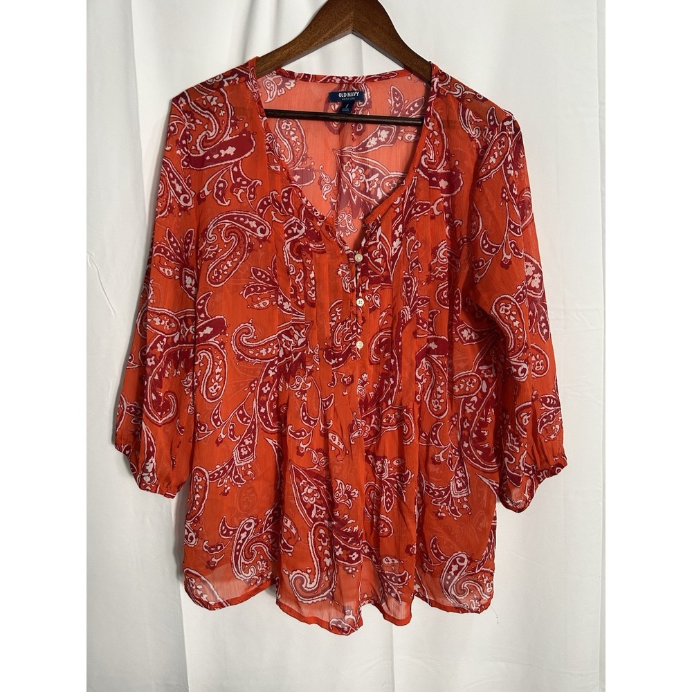 Old Navy Red Paisley Boho Sheer‎ Chiffon Blouse Peasant Beach Sleeves Large